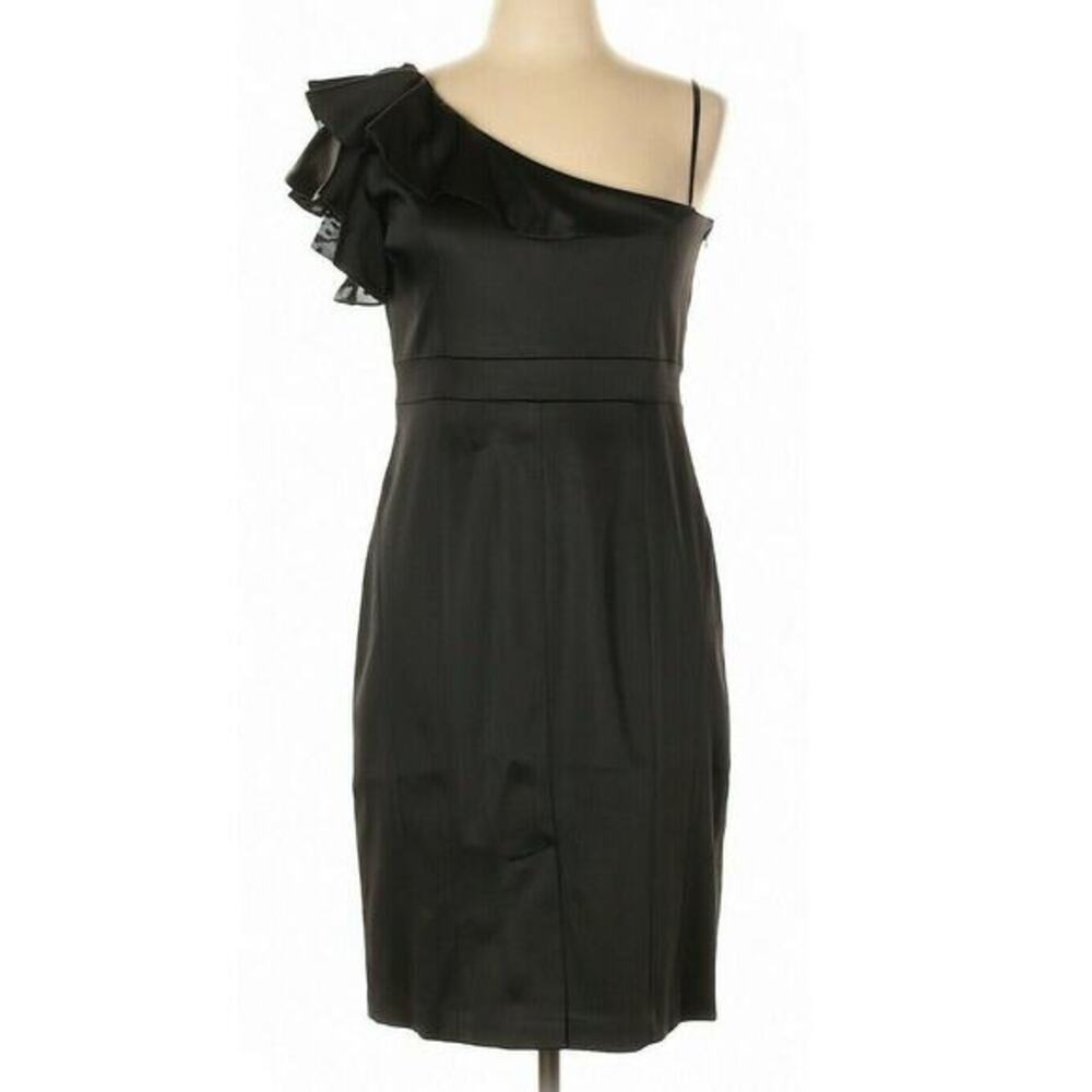 JAX Satin Dress Glam Ruffle One Shoulder 12 Built-in‎ Cups Cocktail Party LBD